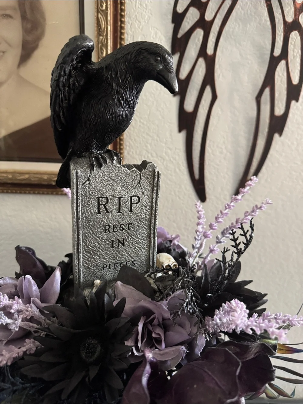 Gothic Raven Tombstone Faux Floral Arrangement - Black & Purple